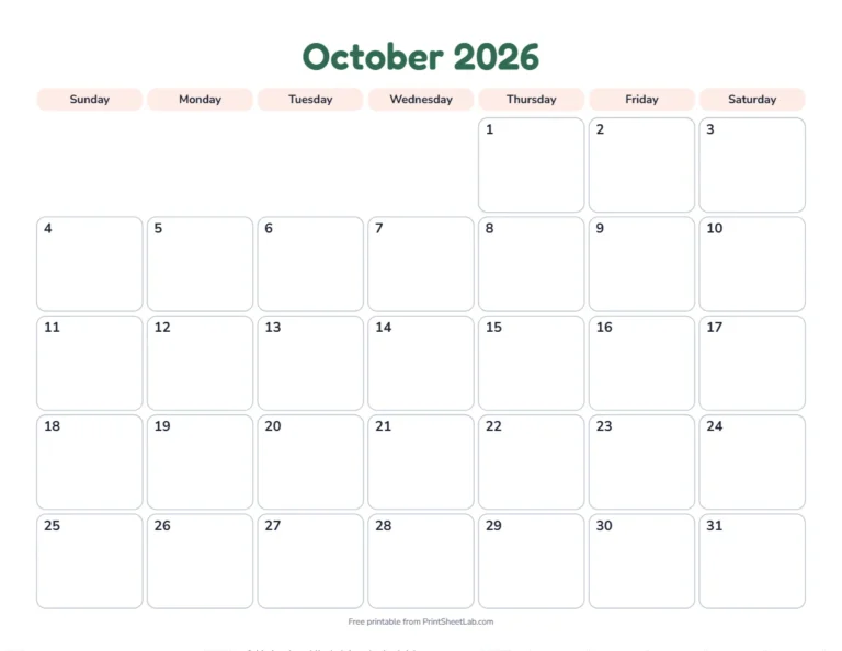 Printable October calendar for 2026 in the playful design for children