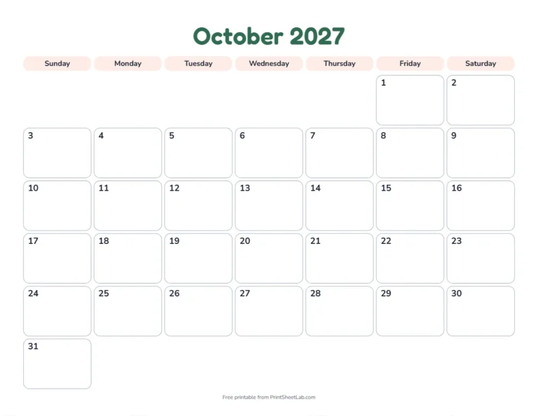 Printable October calendar for 2027 in the playful design for children