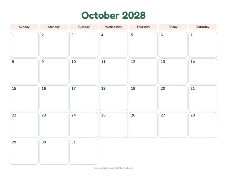 Printable October calendar for 2028 in the playful design for children