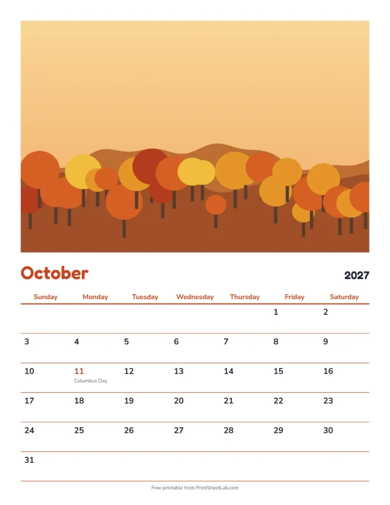 Printable photo calendar for October 2027 with an edge-to-edge autumn trees picture