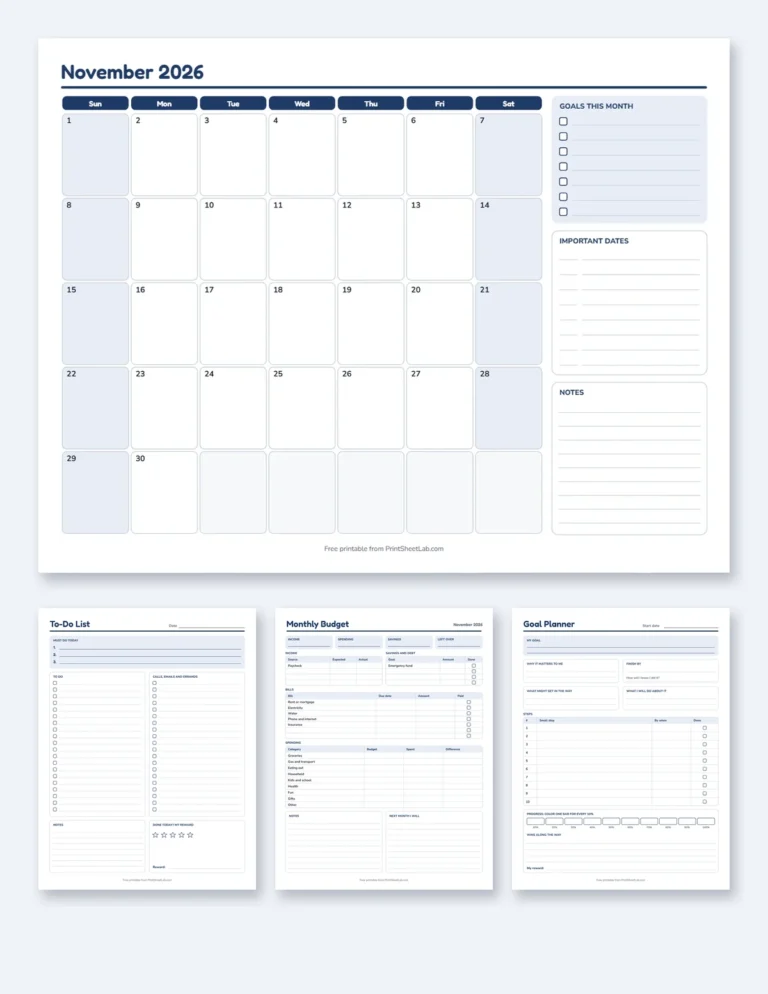 Printable planner bundle: monthly planner, to-do list, budget and goal planner pages in navy