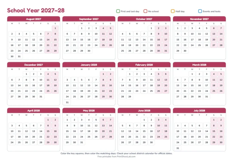 Printable school calendar 2027-2028 on A4 with a Monday start in rose