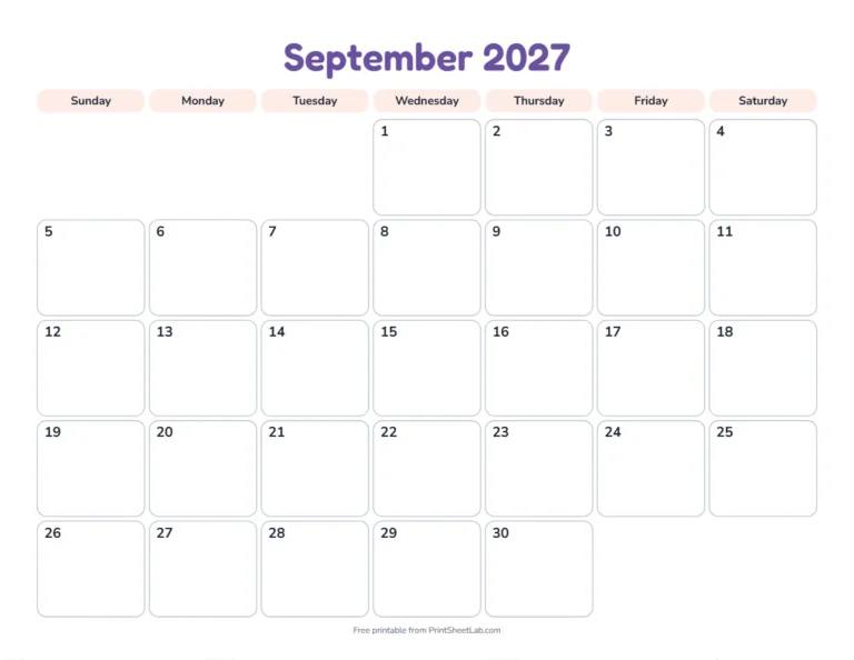 Printable September calendar for 2027 in the playful design for children