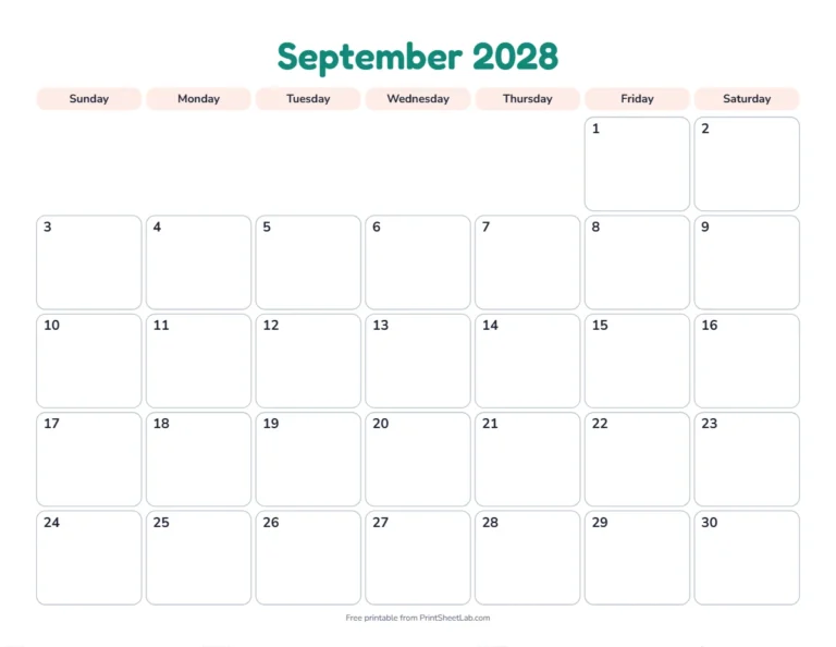 Printable September calendar for 2028 in the playful design for children