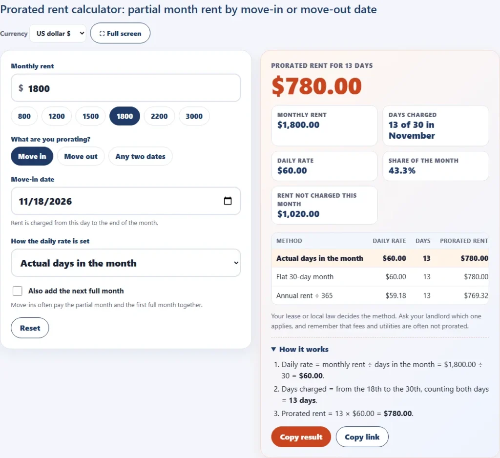 Prorated rent calculator for 1,800 dollars a month with a November 18 move-in, 13 days charged and 780 dollars of prorated rent