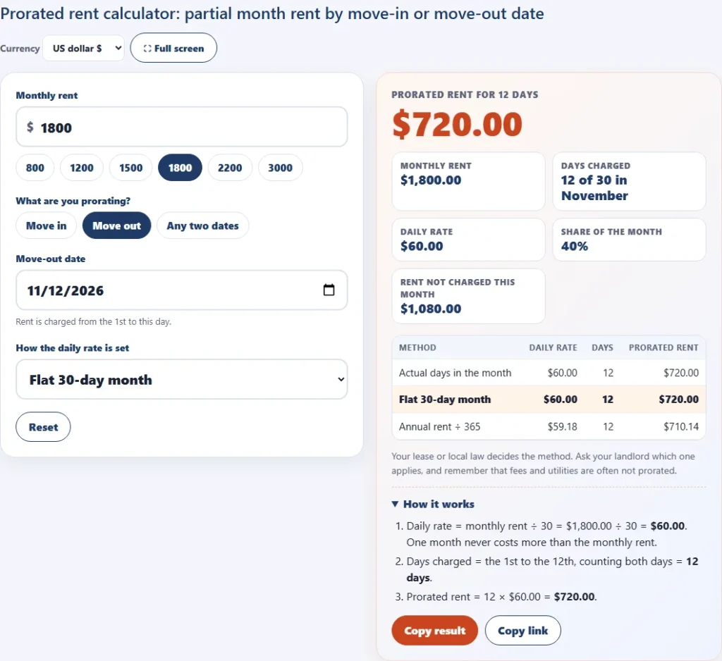 Prorated rent calculator in move-out mode for 1,800 dollars a month leaving on February 10 with a flat 30-day month, 10 days and 600 dollars
