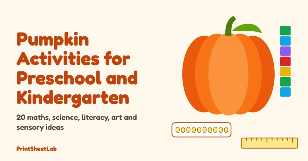 Pumpkin activities for preschool cover with a pumpkin, counted seeds in tens, a cube tower and a ruler
