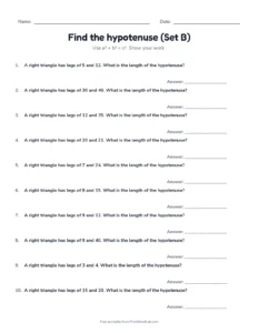 Find the hypotenuse (Set B) printable worksheet for grade 8