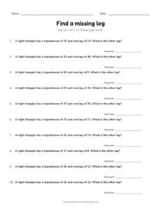 find the missing side of a right triangle worksheet