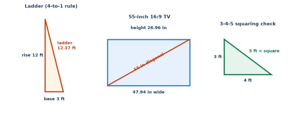 Real-life Pythagorean theorem examples: a ladder against a wall, a 55-inch TV diagonal and a 3-4-5 corner check