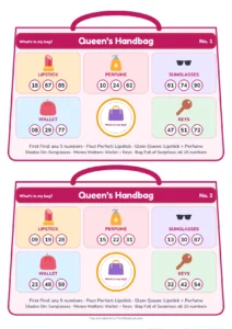 Queens Handbag Tambola picture tambola tickets with themed prize sections