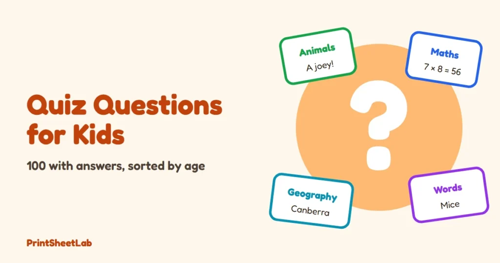 Quiz questions for kids cover with a big question mark and answer cards for animals, maths and geography