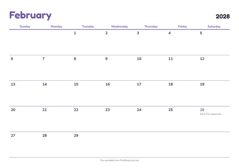Ramadan 2028 calendar for February