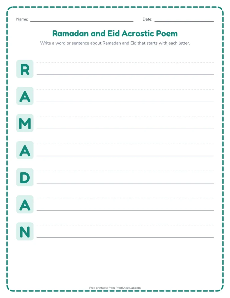 Ramadan and Eid acrostic poem worksheet: write a word for each letter of RAMADAN