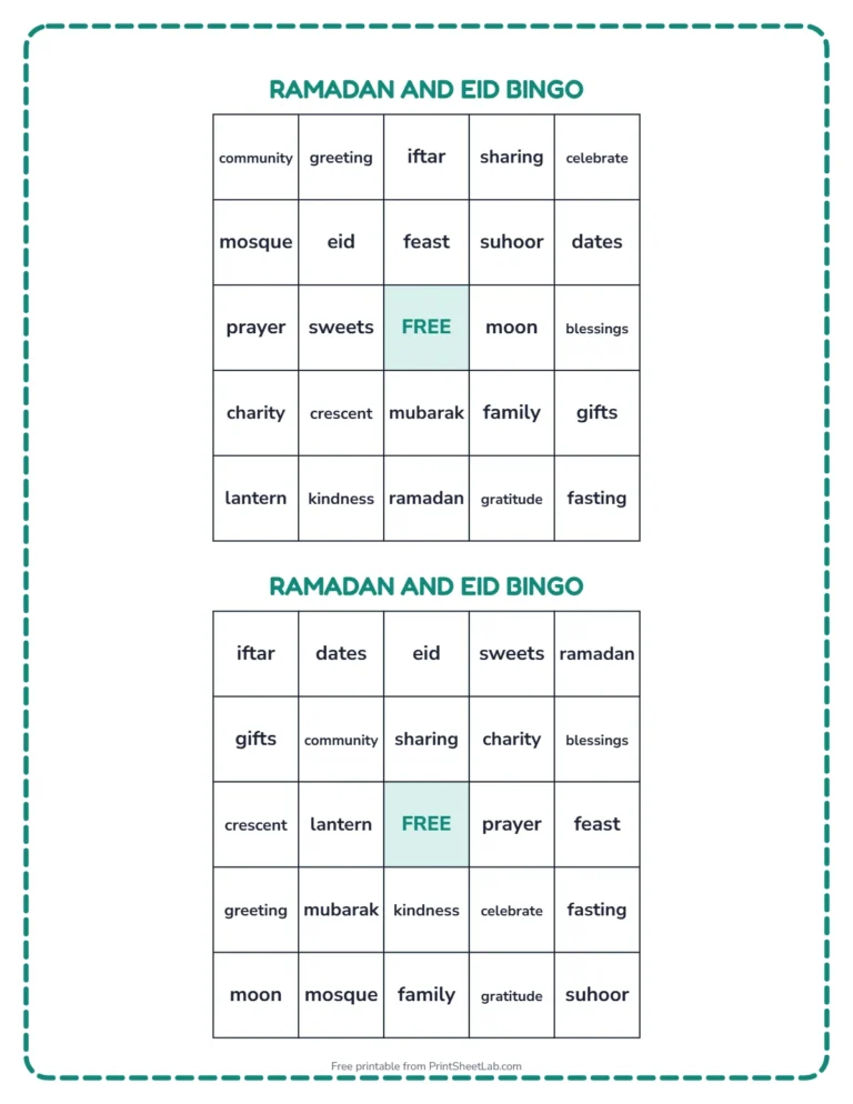 Ramadan and Eid bingo printable: two different bingo cards with Ramadan and Eid words
