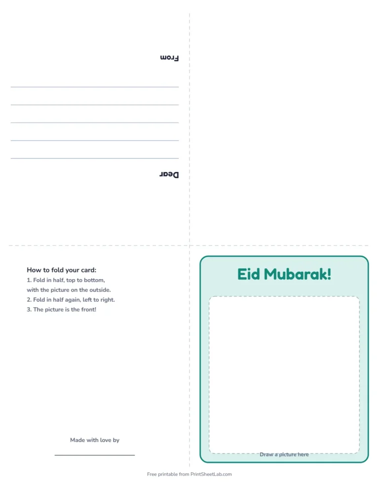 Ramadan and Eid card printable: a fold-up greeting card that says Eid Mubarak!