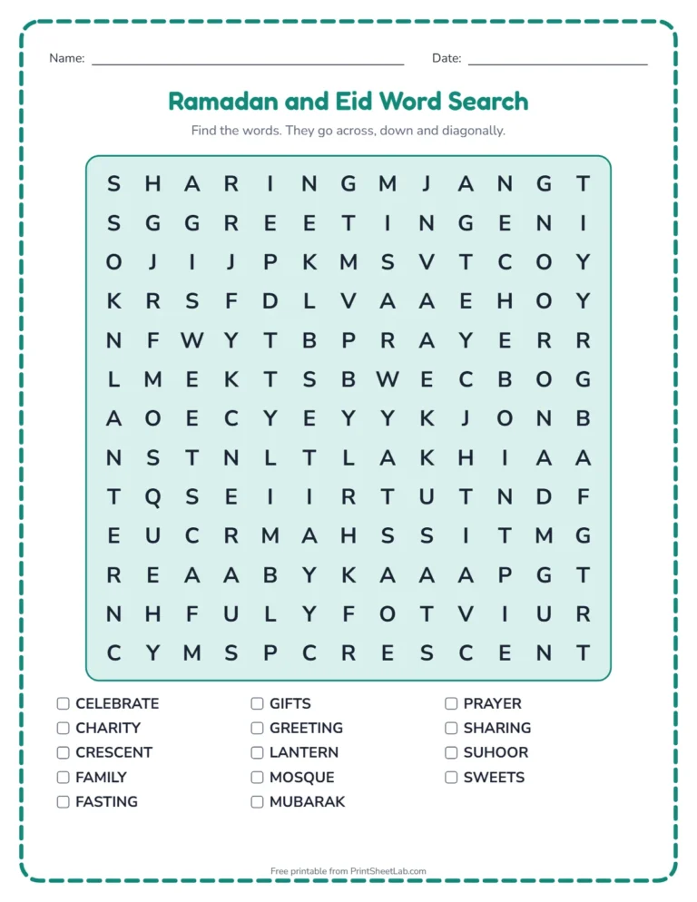 Ramadan activities for kids: word search printable with Ramadan and Eid words and a word list