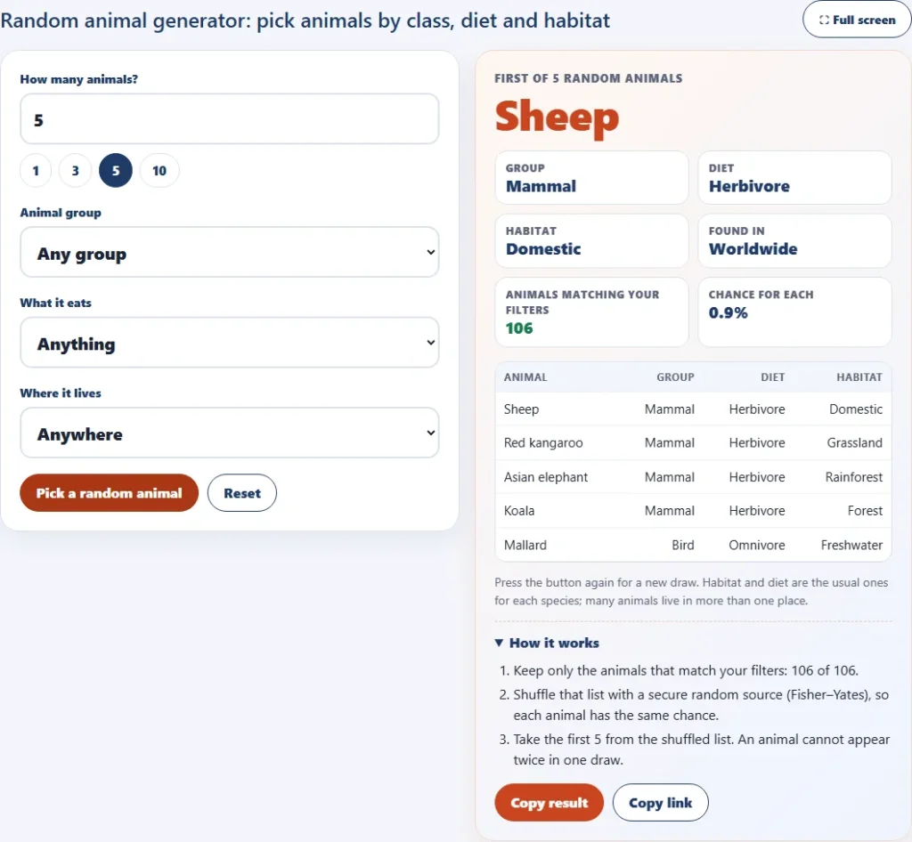 Random animal generator showing five random animals with their group, diet and habitat in a results table