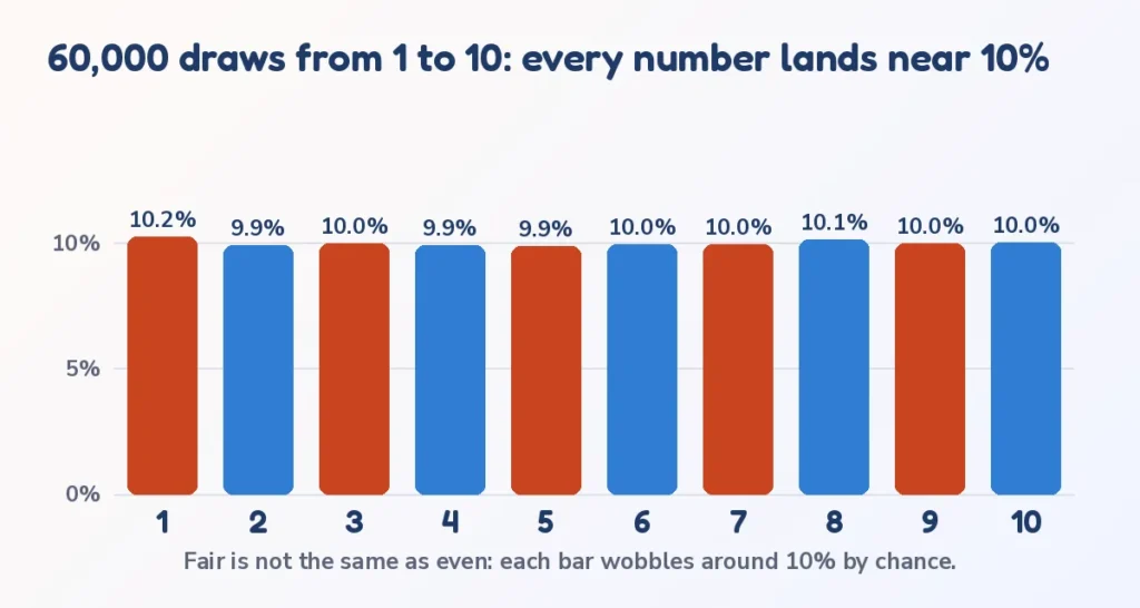 Random number generator test: 60,000 draws from 1 to 10 each land near 10 percent