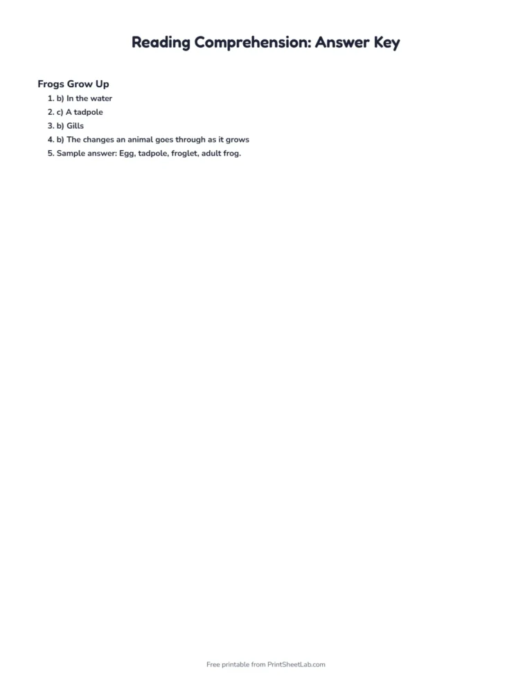 Reading passages for 2nd grade with an answer key and sample answers for Frogs Grow Up