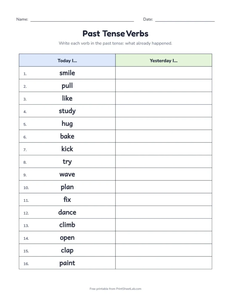 Regular past tense verbs worksheet with -ed endings such as jumped and played