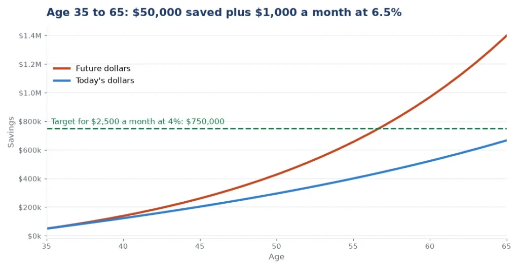 Retirement calculator chart of savings in future dollars and today's dollars from age 35 to 65