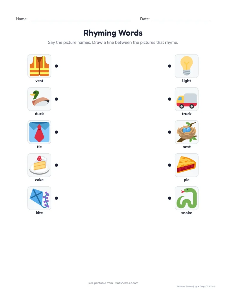Rhyming words worksheets: match the rhyming pictures such as duck and truck