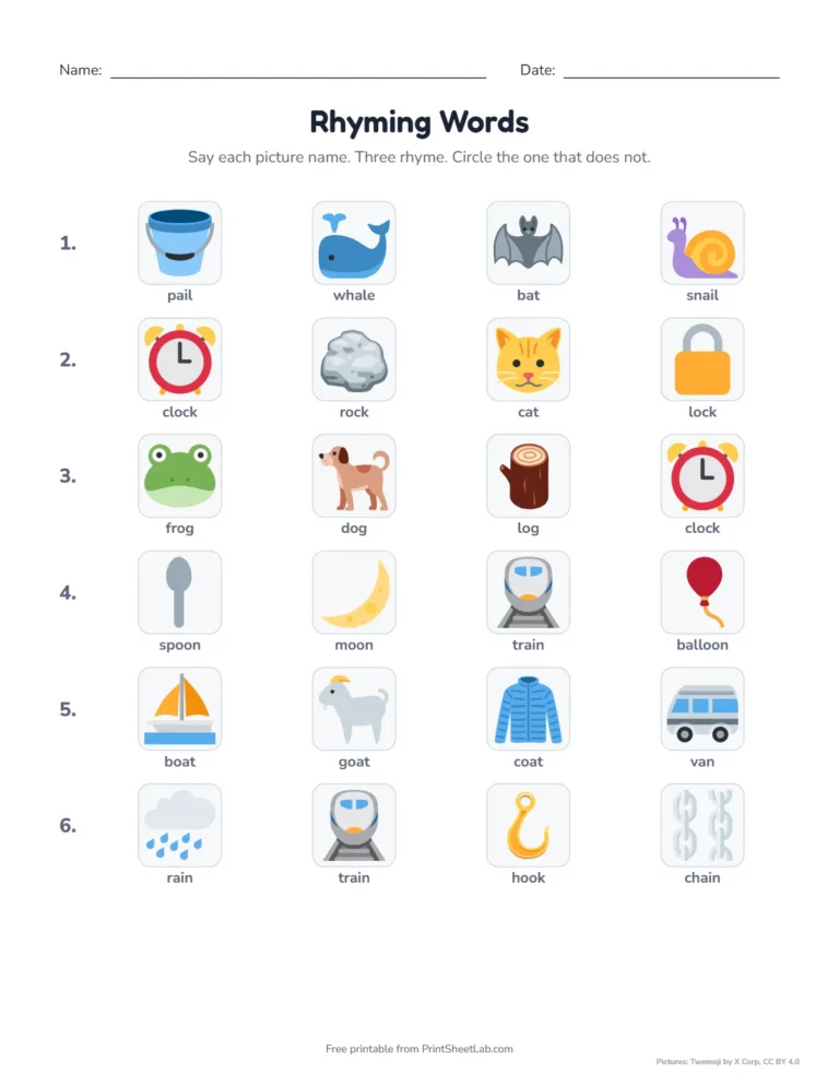 Rhyming pictures odd one out worksheet for preschool and kindergarten