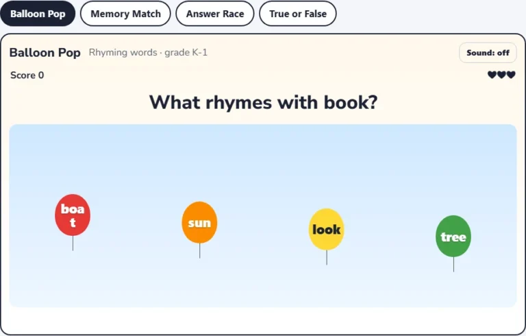 Rhyme game for kids Balloon Pop with the question What rhymes with book