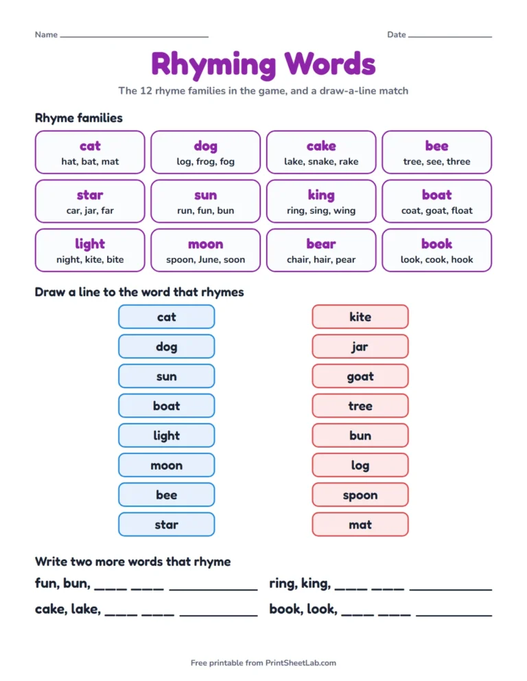 Rhyming words game sheet printable with 12 rhyme families and a draw-a-line matching activity