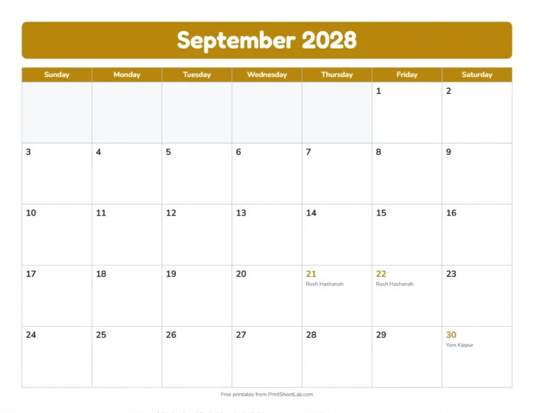 September 2028 calendar with Rosh Hashanah 2028 and Yom Kippur 2028