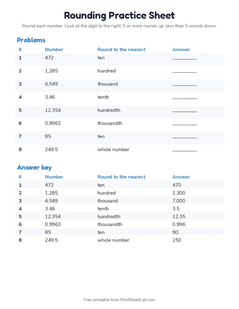 Printable rounding calculator practice sheet: round decimals and whole numbers with an answer key