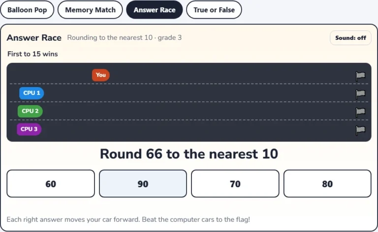 Rounding to the nearest 10 game Answer Race with the question Round 66 to the nearest 10