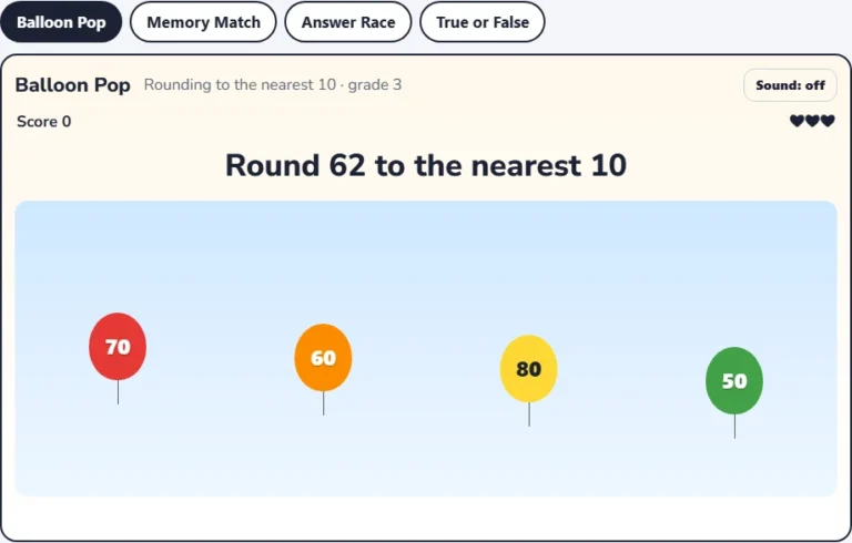 Rounding numbers game Balloon Pop with balloons showing the tens around 62
