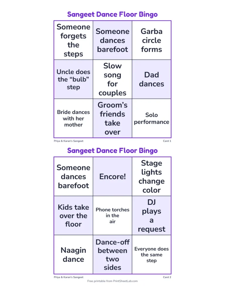 Wedding dance games: small 3 by 3 bingo cards for kids