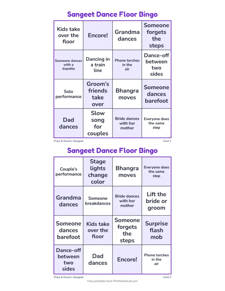 Dance floor bingo cards in the quick 4 by 4 size
