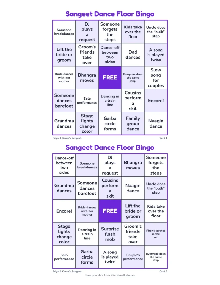 Sangeet dance bingo: printable 5 by 5 cards with dance floor moments such as bhangra and the naagin dance