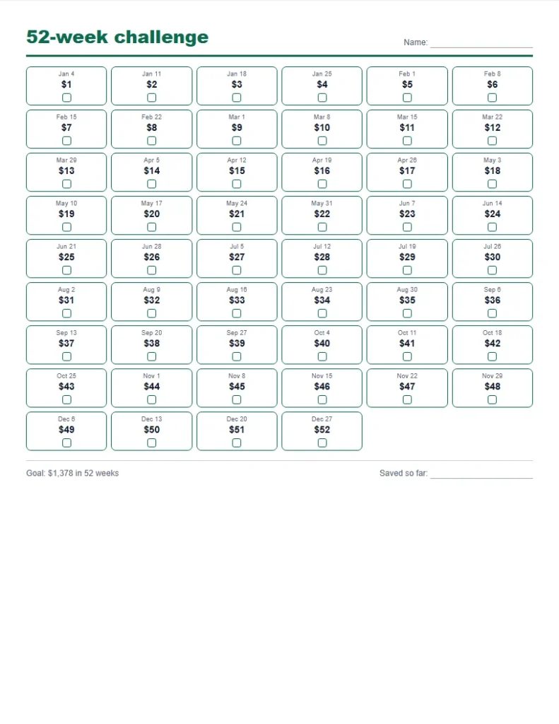 Savings challenge printable for the 52-week challenge with a 1 dollar step: 52 tick boxes from 1 to 52 dollars and a goal of 1,378 dollars