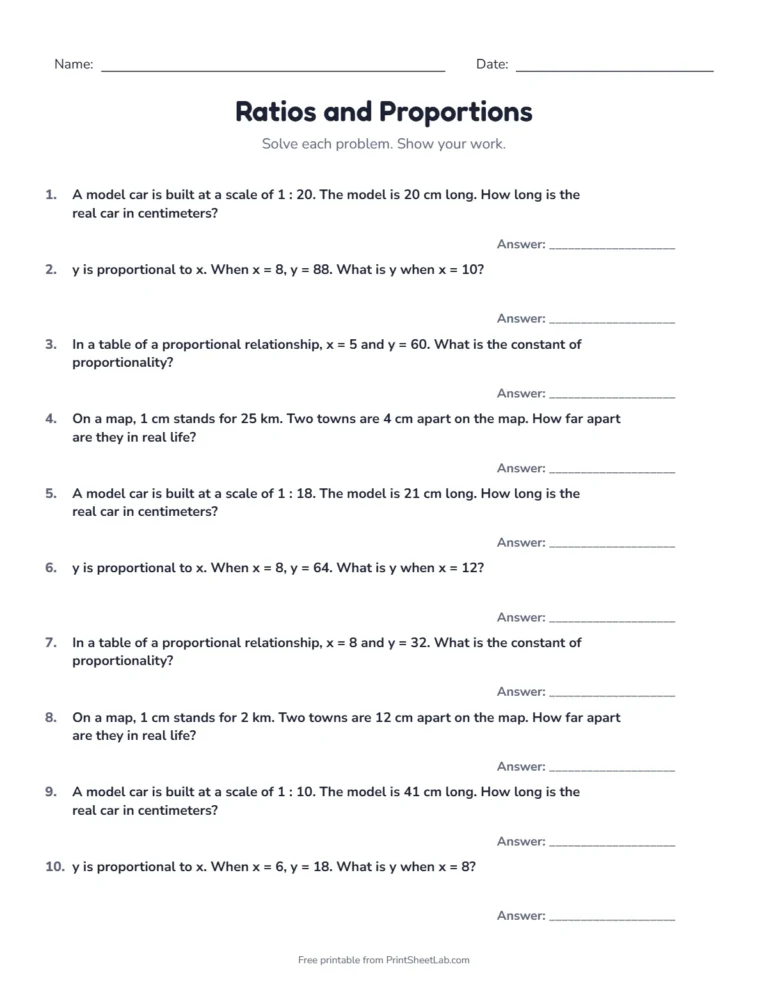 Proportion worksheets: map scales, scale models and the constant of proportionality