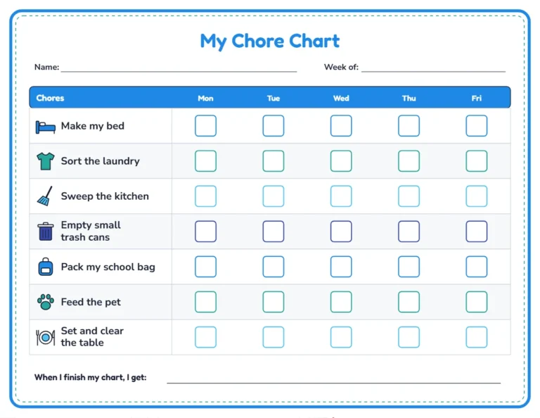 School days chore chart, Monday to Friday, with pictures