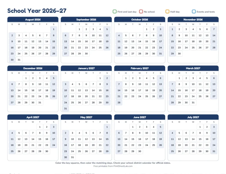 School year calendar 2026-2027 printable with all 12 months, August start, in navy