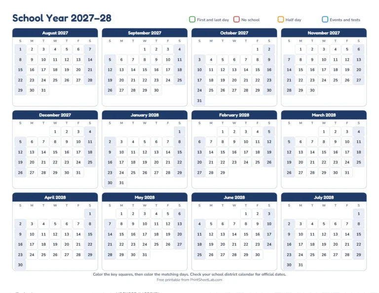 School year calendar 2027-2028 printable with all 12 months, August start, in navy