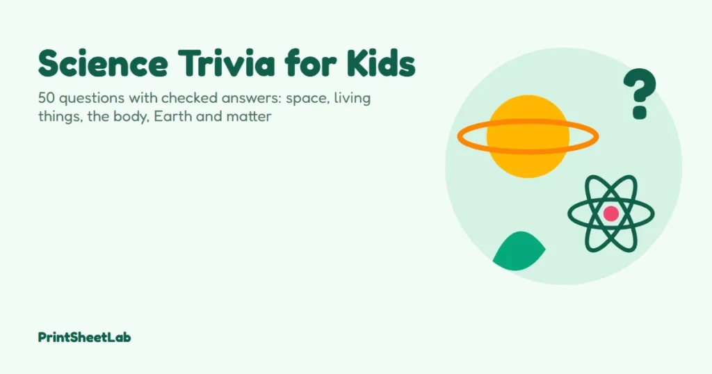 Science trivia for kids cover with planets, an atom, a leaf and a question mark