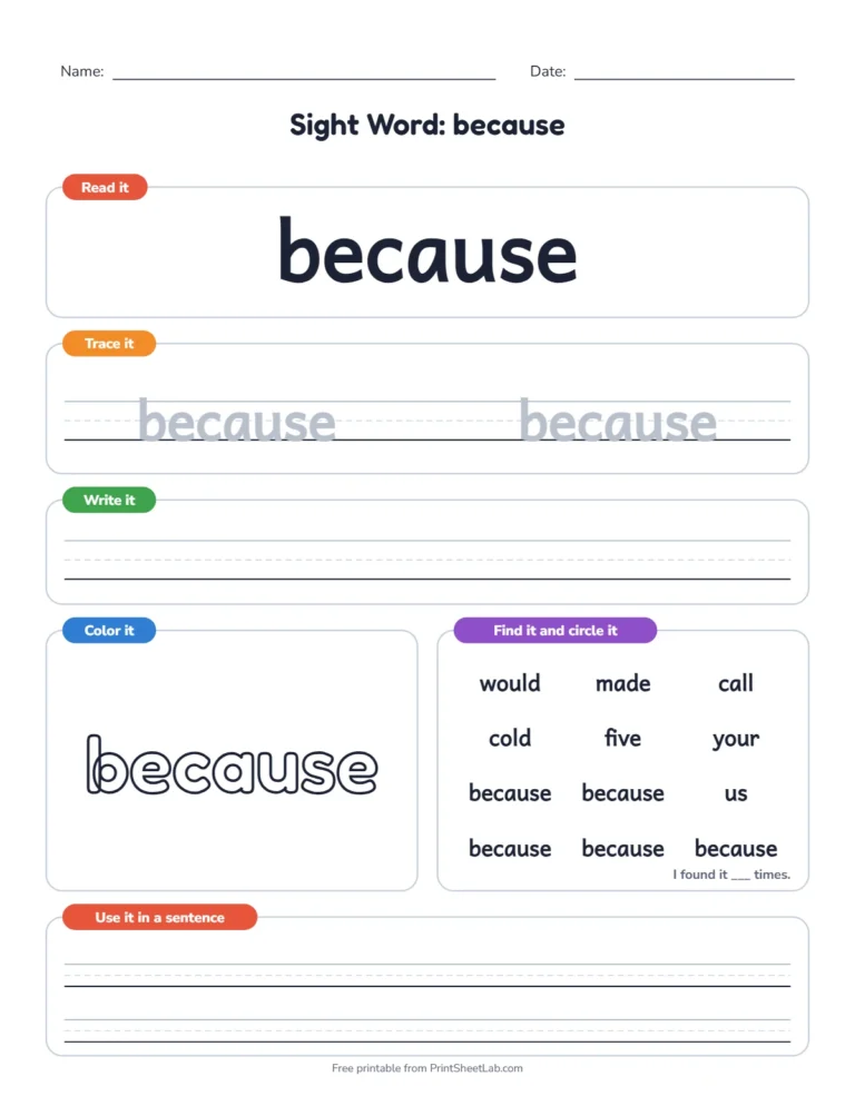 Second grade sight words worksheets: sight word of the day page for because with read, trace, write, color and find boxes