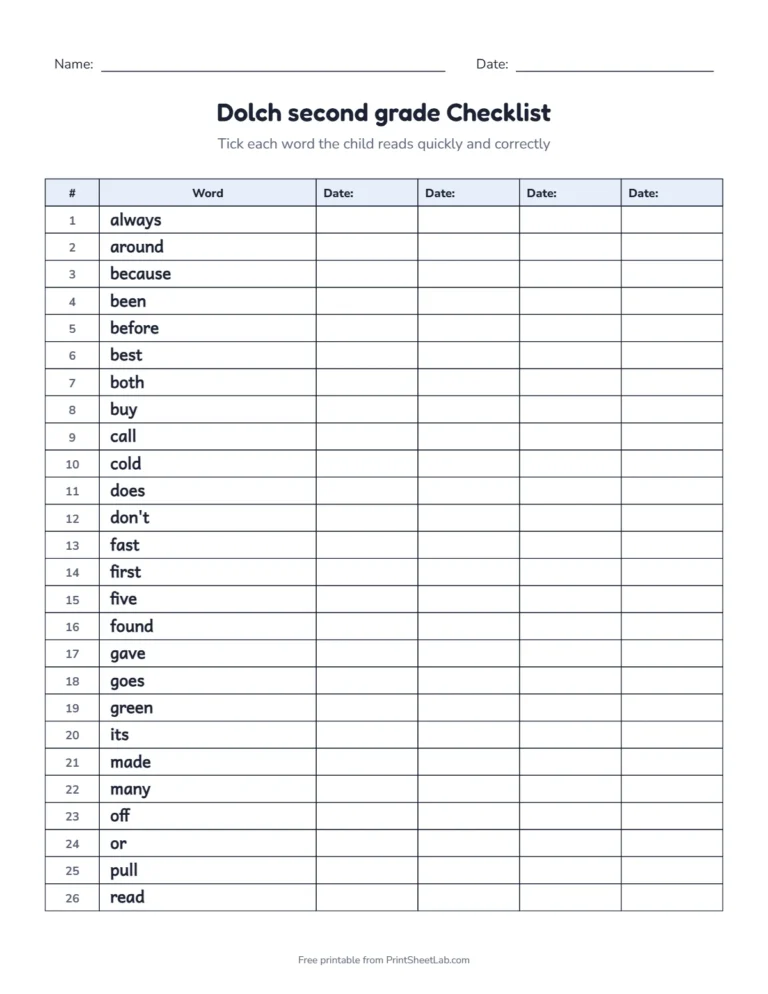Assessment checklist for the second grade sight words with four date columns