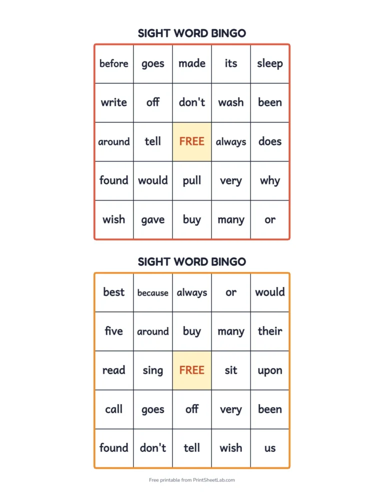 Sight word bingo card for the second grade sight words with a free space