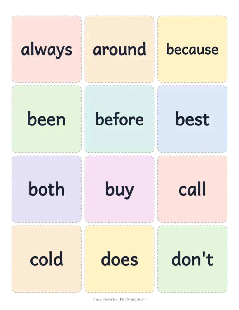 Printable second grade sight words flash cards in color, 12 cards on a page