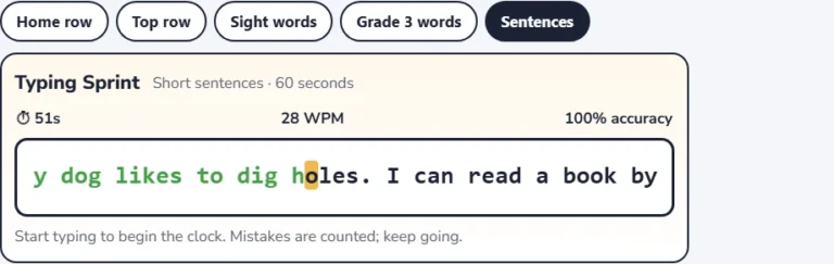 Sentence typing test in progress with a short sentence and the words per minute counter