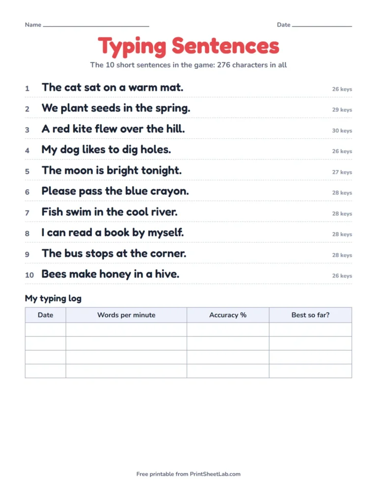 Sentence typing practice sheet printable with the ten typing sentences and a typing log