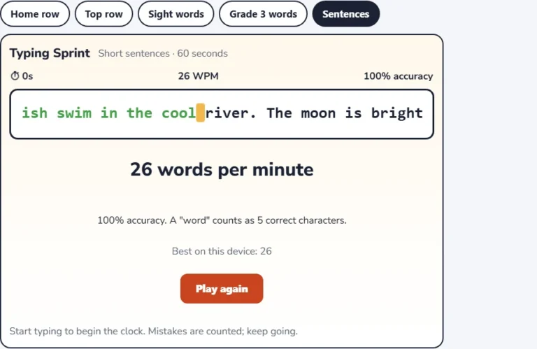 Sentence typing test results with words per minute and accuracy